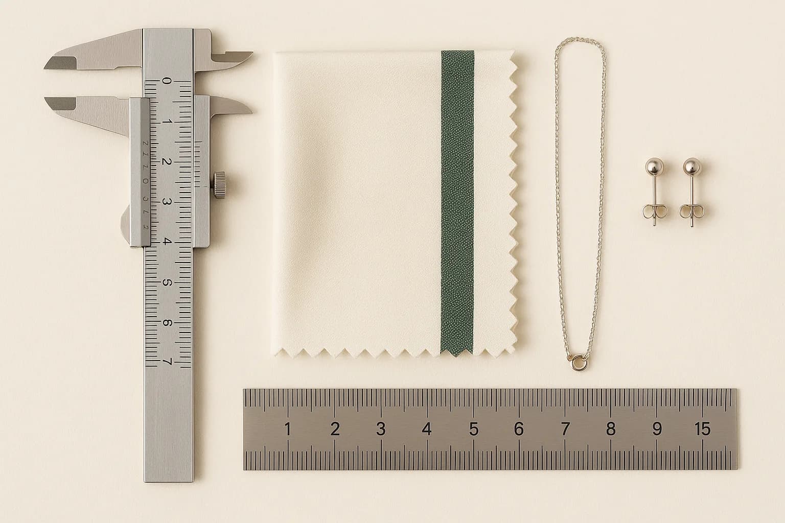 Sizing tools and a microfiber cloth arranged on an ivory linen surface with a deep green edge stripe.