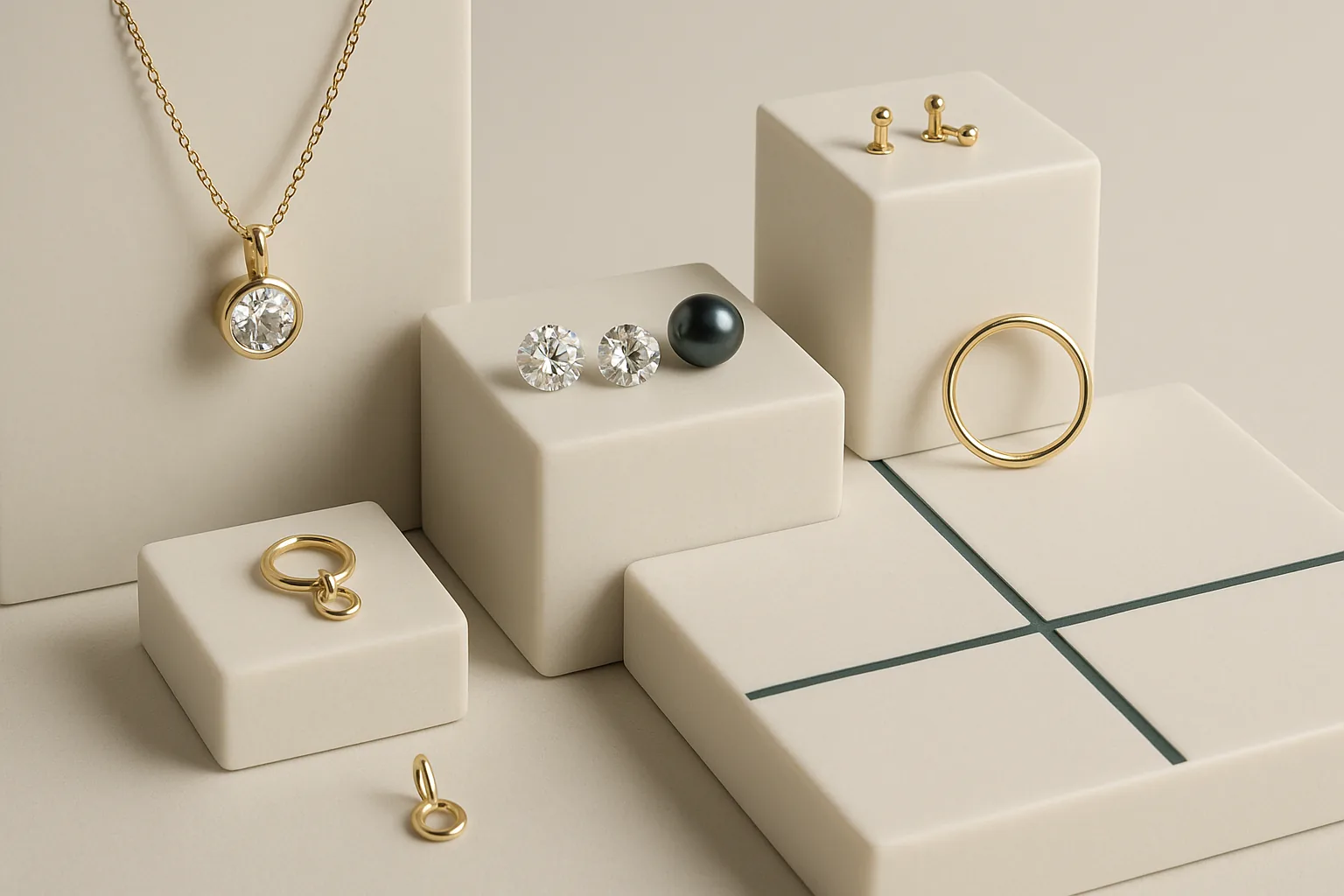 3D render of a sculptural pendant above an ivory plane with a deep green grid accent