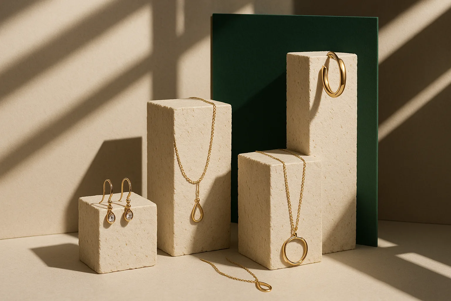 Close-up of stones, metal samples, and note cards in a studio setting.