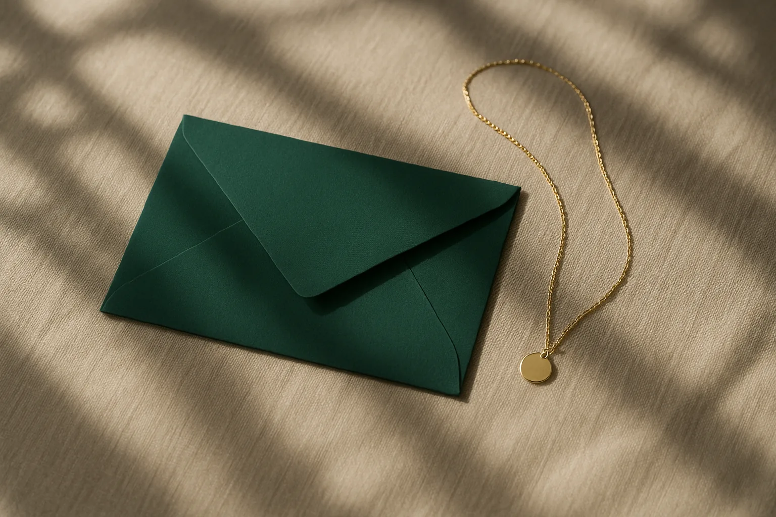 Hand holding a deep green envelope over an ivory desk with soft window shadows.